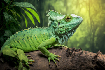 Fototapeta premium Basiliscus plumifrons, a green crested lizard. Generative AI