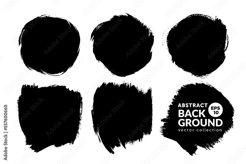 Poster vector set of hand drawn brush strokes square and round shape, stains for backdrops. monochrome desi