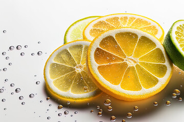 Fototapeta na wymiar Lemon slices in water on a white backdrop. Lemon in a liquid up close with bubbles. Yellow, juicy lemon slices in water. Fruits in water, captured in macro. Generative AI