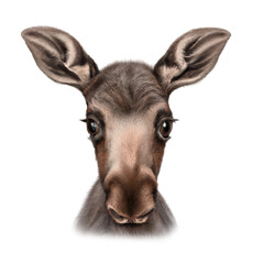 3D image of a cute head image of a baby calf moose with big eyes looking forward on a white background.  Baby animals found in Northern Ontario Canada.