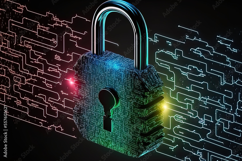 Poster internet technology networking and the padlock emblem for cyber security entrepreneur defending data