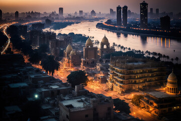 Conceptual Ai Generated Image (not actual) - View of the Cairo skyline photographed at dusk from the renowned Cairo tower, Cairo, Egypt. Generative AI - obrazy, fototapety, plakaty