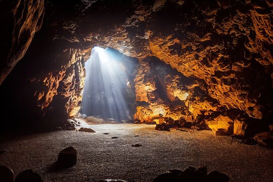 Grotto cave exploration with stalactites, stones and rock background mattepainting