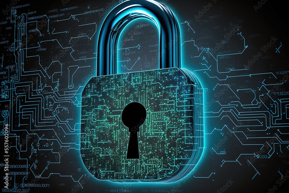 Poster internet technology networking and the padlock emblem for cyber security entrepreneur defending data