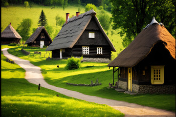 Beautiful summertime picture of typical peasant cottages in Romania. Rural Transylvania, Romania, and Europe in full color. Background of the notion of travel. Generative AI