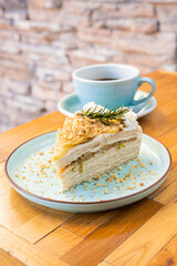 delicious crepe cake inside a coffee shop