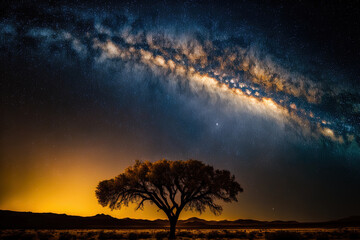 panorama of the milky way and a tree silhouette in a long exposure shot with grain. Generative AI
