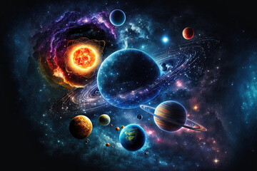 Cosmological background stars, planets, and galaxies; space and time travel;. Generative AI