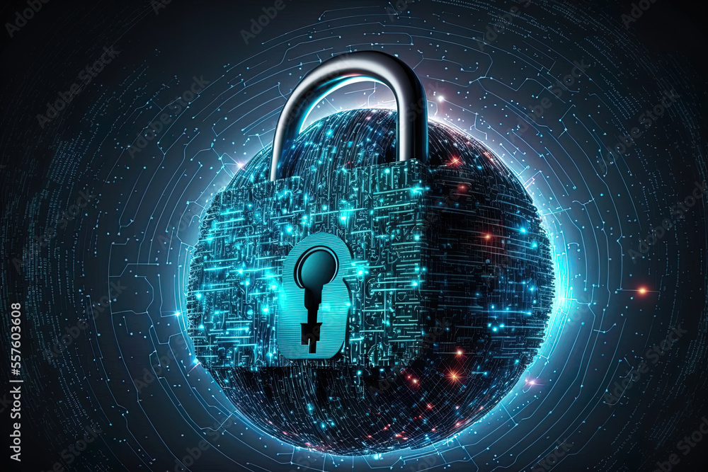 Poster internet networking technologies and the padlock symbol for cyber security businessperson defending 