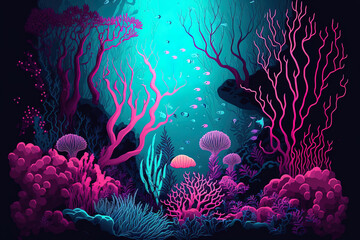 Fototapeta na wymiar Fantastical seabed scene with brightly colored algae and plants. Generative AI