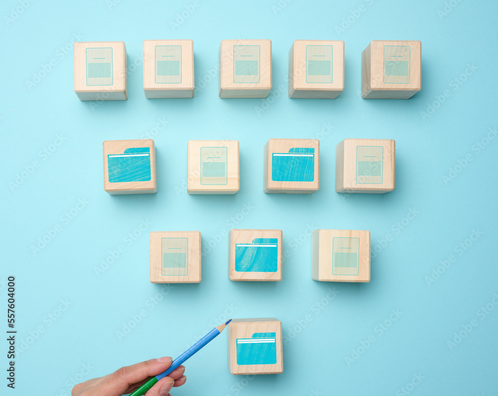 Poster cubes with folder icons on a blue background. data systematization concept