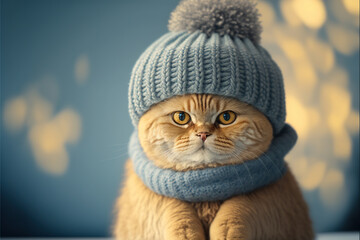 Potrait of a cute cat in cold winter wearing warm knitted hat ai generative, with copy space, pet influencer