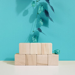 Podium from wooden cubes and a branch with leaves. Stage for the demonstration of cosmetic products
