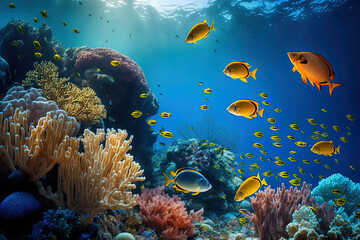 Underwater coral reef and lagoon, underwater scenery, snorkeling excursion. Generative AI