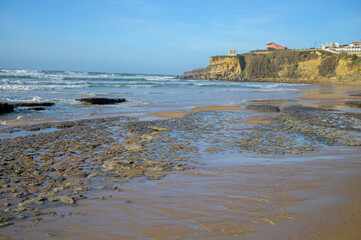 Magoito Beach, beautiful sandy beach on Sintra coast, Lisbon district, Portugal, part of Sintra-Cascais Natural Park with natural points of interest