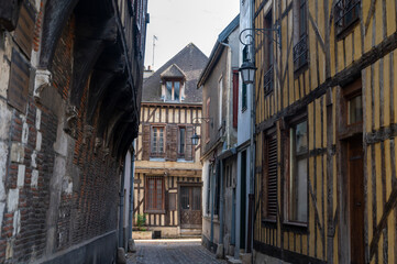 Fototapeta na wymiar Medieval central part of Troyes old city with half timbered houses and narrow streets
