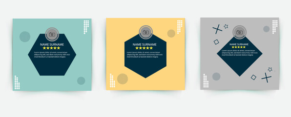 Customer feedback testimonial template vector with star ratings. Client testimonials template design with dark gray and yellow color. Customer feedback review or testimonial layout vector.