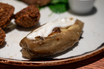 Healthy vegetarian food, vegan falafel balls served with grilles baked eggplant and grilled avocado