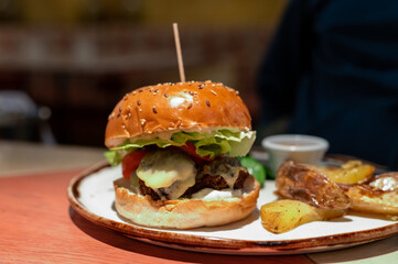 Organic vegetarian burger with plant based falafel balls, vegan cheese, green lettuce and baked potatoes