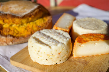 Variety of goat, sheep, cow cheeses made with paprika, herbs served with bread in Portugal