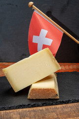 Swiss medium-hard cow milk cheese Gruyere, appenzeller used for traditional cheese fondue and...