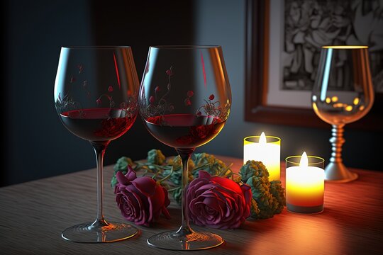 Roses, two glasses of red wine and candles on desk stock photo Valentine's Day - Holiday, Dinner, Wine, Romance, Rose - Flower