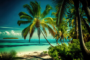 Fototapeta na wymiar Palm trees against a tropical backdrop. Generative AI