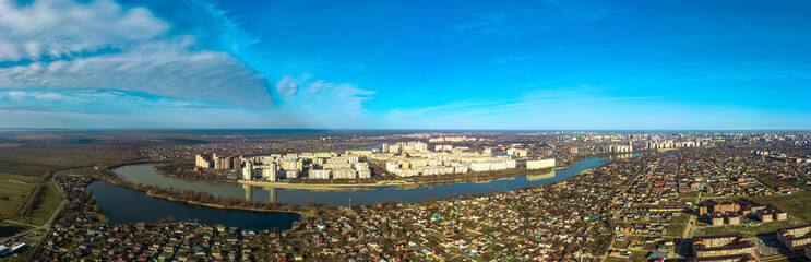 microdistrict Yubileiny on the banks of the Kuban River (South of Russia) on a sunny day at the beginning of winter