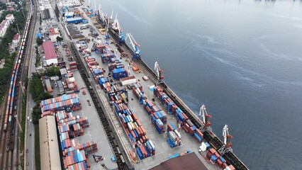 Top view. Vladivostok Commercial Sea Port. Industrial port with containers in Vladivostok.