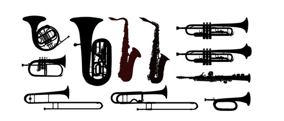 set of  instruments silhouette, trumpet, horn, French horn, tuba, saxophone, 