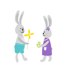 Easter presents. Bunnies give each other easter gifts. Pair. Egg, flower. Flat, cartoon, isolated