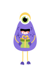Monster. Purple monocular monster with gift. Flat, cartoon, vector