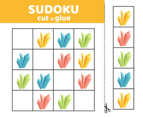 Fototapeta na wymiar Sudoku for kids with magic crystals. Sudoku game. Cut and glue. Cartoon