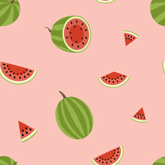 Watermelon seamless pattern. Cut watermelon, piece, bit, round on pink. Flat, vector