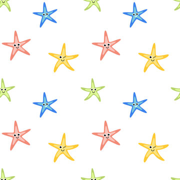 Seamless pattern with cartoon finger fish. Sea star. Flat, vector