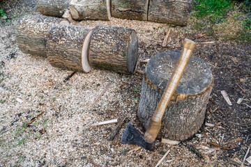 Photography on theme big steel axe with wooden handle