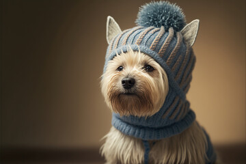 Potrait of a cute dog in cold winter wearing warm knitted hat ai generative, with copy space, pet influencer