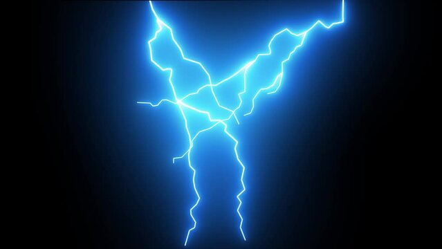 Blue Lightning Thunderstorm Effect Over Black Background, Realistic Lightning Strike On Black Background, Loop Animation Of Electric Thunderstorm Lightning 