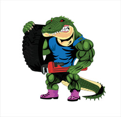 Crocodile holding tire logo vector illustration