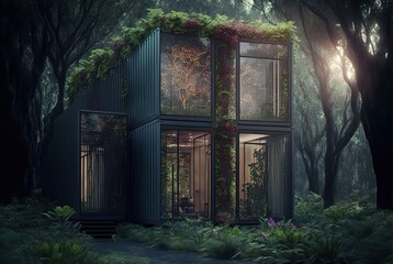 illustration of  close to nature exterior theme of sustainability and recycle, container boxes remake as restaurant, office or house, modern and Contemporary design