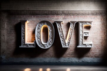 illustration of word LOVE sign on brick wall with back light glow 