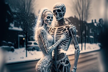 illustration in them of eternal love groom and bride skeletons cuddle romantic scene with urban townscape in winter season, cold freezing snow fall as background - obrazy, fototapety, plakaty