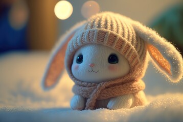 cute white rabbit wearing scarf on snowy night with bokeh light of Christmas light as background