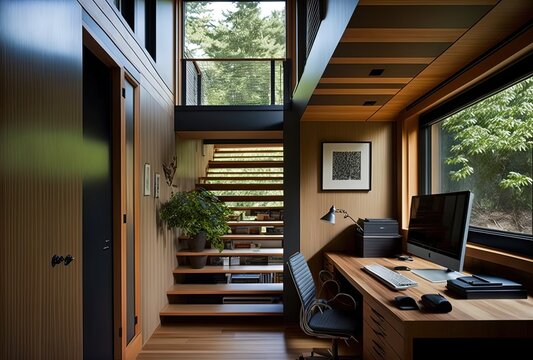 illustration of small house interior design, office area use double-duty furniture in limit space, contemporary design close to nature concept