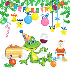 Funny frog in a festive hat with a glass of wine under the Christmas tree. Postcard in cartoon style. Isolated on white background. Vector illustration