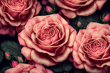 pink roses with dark leaves old-school painting made by generative ai
