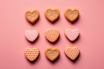Naklejka na ściany i meble heart-shaped sugar cookies organized in a square on a pink backdrop made by generative ai