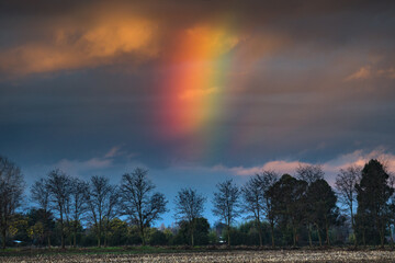 Rainbow appears after the rain on a dark sky