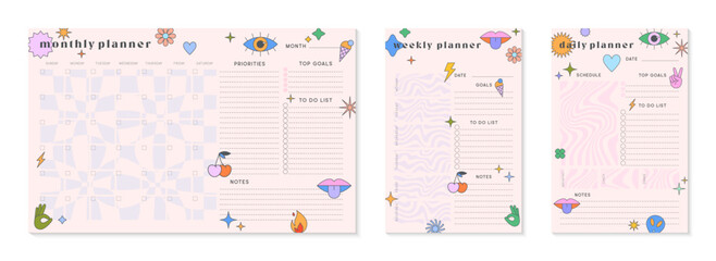 Vector daily,weekly,monthly planners templates with y2k patches,icons and emblems.Organizer and schedule with place for notes; goals and to do list.Trendy layouts in 90s groovy aesthetic.