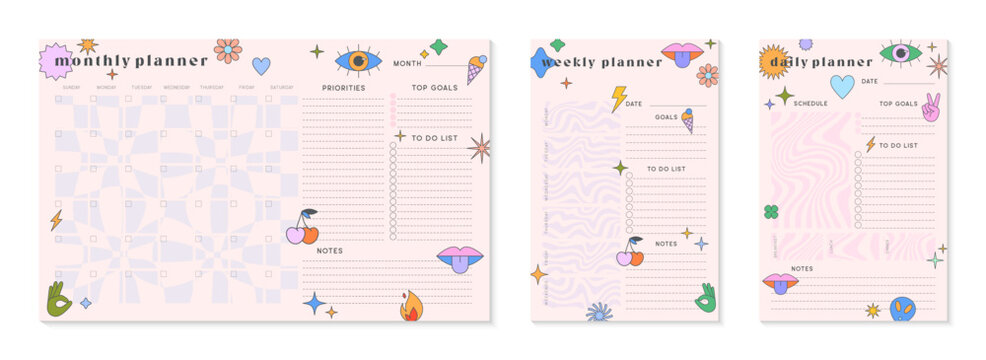 Vector daily,weekly,monthly planners templates with y2k patches,icons and emblems.Organizer and schedule with place for notes; goals and to do list.Trendy layouts in 90s groovy aesthetic.